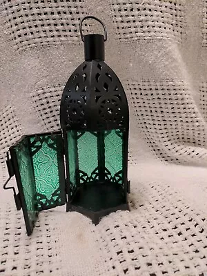 Black With Green Glass Tea Light Candle Holder Lantern Hanging Or Free Standing • $22