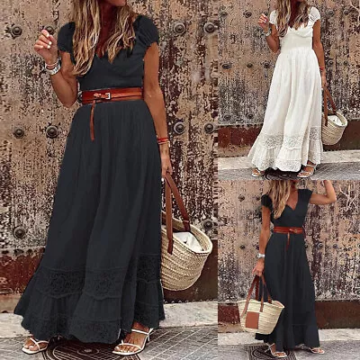 Womens Short Sleeve Lace Maxi Long Dress Ladies Summer Holiday Beach Sundress US • $30.30