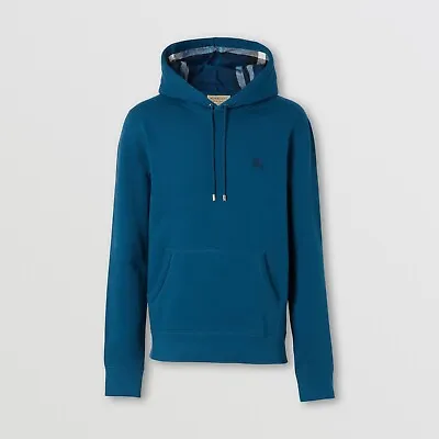 New Mens Burberry Claredon Blue Cotton Nova Check Logo Pullover Hoodie Xl • $280.25