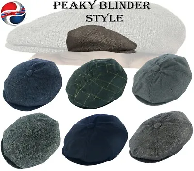 8 Panel Wool Blend Peaky Blinders Newsboy Cap Baker Boy Tweed Herringbone Melton • £12.99