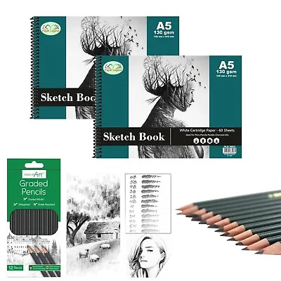 Pack Of 2 A5 Sketch Pad With 12 Graded Pencil Set Kid & Artist Drawing Book Gift • £8.49