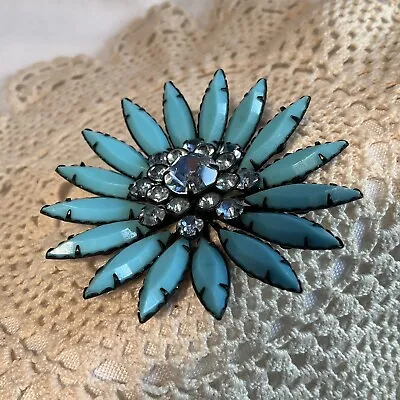 Vintage  Turquoise Nanette & Round Rhinestone Daisy Flower Brooch • $10