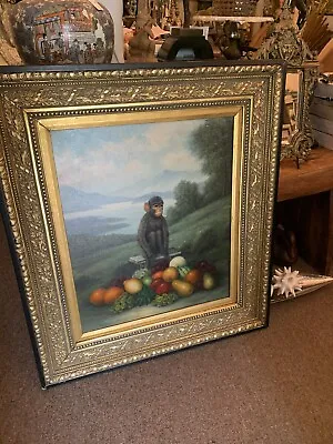Antique Vintage Oil Painting Monkey Fruit Still Life Framed 34.5x 30.5” • $799