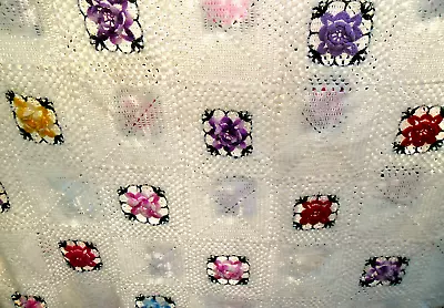 Handmade Crochet Granny Square Raised Flowers Bedspread Blanket 68x96 Cotton • $32