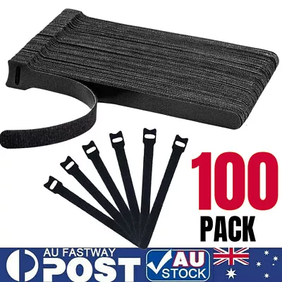 100x Magic Cable Ties Fishing Rod Tie Strap Organiser Cords Hook Loop Black AU • $9.92