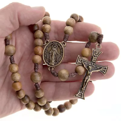 Long Miraculous Medal Wood Rosary 10 Mm Beads Strong Cord Necklace Men Women • $19.50