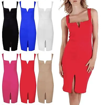 Womens Ladies Wide Strap V Neck Front Back Split Sleeveless Bodycon Midi Dress • $10.72