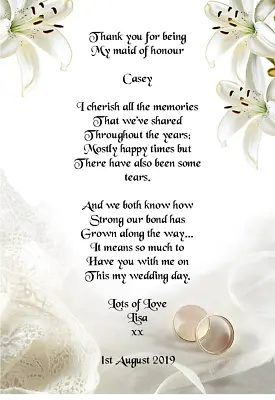 Wedding Day Thank You Gift Maid Of Honour Poem A5 Photo • £2.79