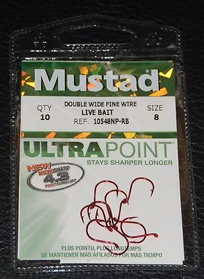 10 Pack Mustad Red 10548NPRB-08 Double Wide KVD Drop Shot Hooks Size 8 • $3.19