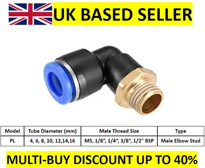 £2.87 • Buy Pneumatic Push In Fitting Air Water Pipe - Male Elbow Stud 4-6-8-10-12mm