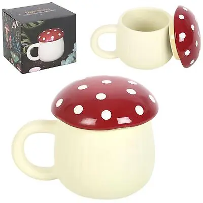 Mushroom Shaped Novelty Coffee Mug With Lid Ceramic Fungi Tea Cup Kitchenware • £8.25