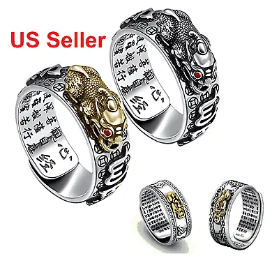 Silver Golden Feng Shui Pixiu Adjustable Ring MANI Mantra Protection Wealth Ring • $4.50
