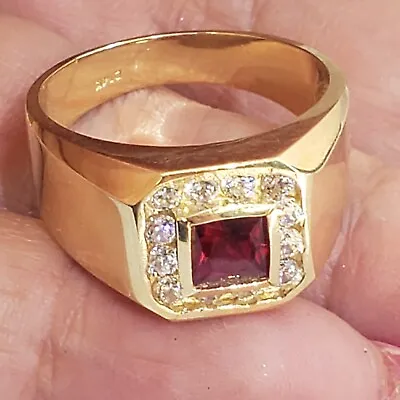 Mans 14k Solid Yellow Gold Simulated Square Red Ruby Ring S 10 11 12 Cz • $799.90