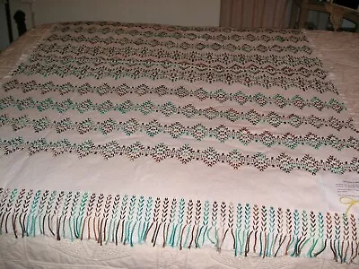 Swedish Afghan Handmade Cotton Monk Cloth White Turquoise Brown 15 Price Reduced • $59.99