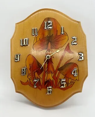 Vintage Resin Lacquered Wooden Wall Clock Mushrooms Retro Handmade OOAK 8x10 • $34