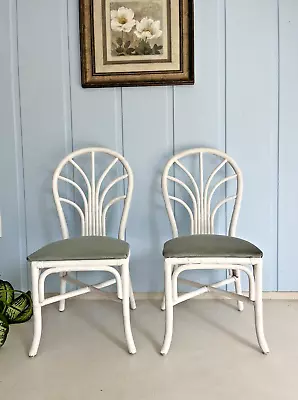 Pair Vintage White Bamboo Rattan Dining Chairs Upholstered Green Seats By Capris • $145