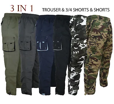 Mens 3 IN 1 Combat Trousers Cargo Pants Shorts 3/4 Zip Off Light S-XXL Summer • £12.99