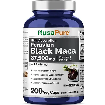 NusaPure Black Maca Root 37500mg Per Caps (50:1 Extract) 200 Veggie Capsules • $35.60