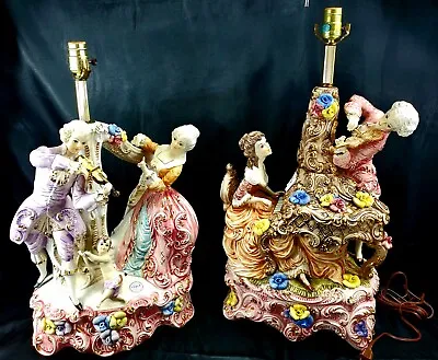 Capodimonte Figural Lamps Marked Pair Man Woman Victorian Era Musical. • $750