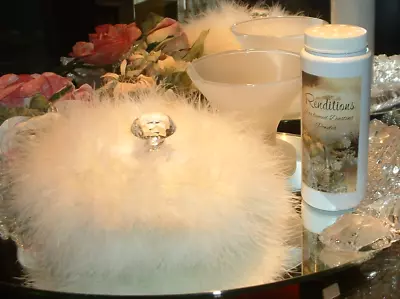 Big Down Feather Trimmed Puff W/ Perfumed Body Dusting Powder & Stand Vanity Set • $54.95