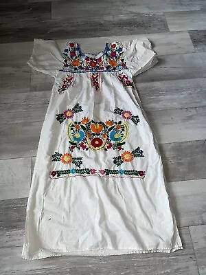 Vintage Mexican Embroidered Oaxacan White Boho Floral Ethnic Chaparrita Dress • $48.99