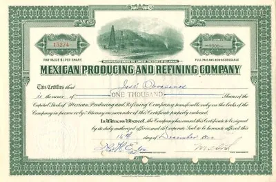 Mexican Producing And Refining Co. - Stock Certificate - Mexican Stocks & Bonds • $55