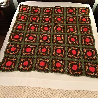 Lg Square Granny Square Crocheted Afghan Multicolor Fall Autumn Blanket 53 X 55 • $24.95