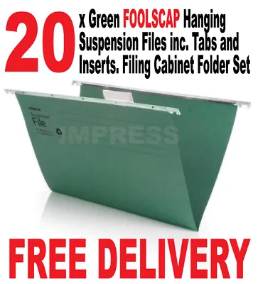 £14.39 • Buy 20 X Foolscap Green Hanging Suspension Files Inc. Tabs Inserts Filing Cabinet