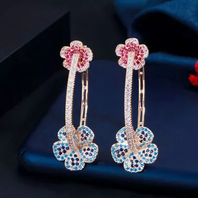 Elegant Micro Pave Blue Red CZ Light Gold Color Flower Hoop Earrings For Women • $25