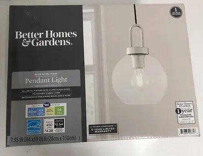 NEW! BETTER HOMES AND GARDEN GLOBE CLEAR Satin  PENDANT LIGHT FABRIC CORD • $20