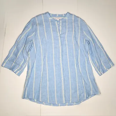 Island Company Linen Tunic Shirt Women XL VNeck Roll Tab Sleeve Blue Stripe Blue • $25.99