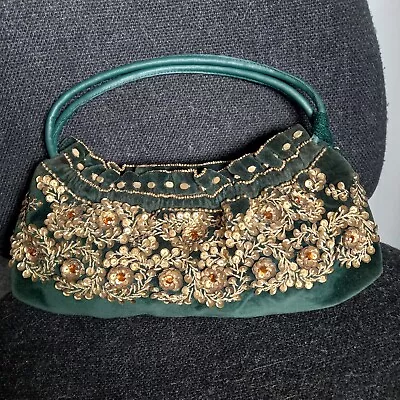 Accessorize Small Green Velvet Bag With Gold Sequins And Orange Beads • £4