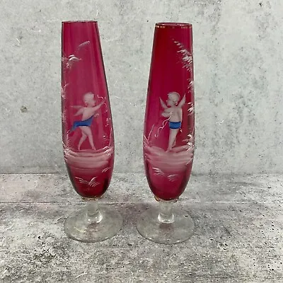 Vintage Pair Of Mary Gregory Cupid Cranberry Glass Thin Vases • $271.98