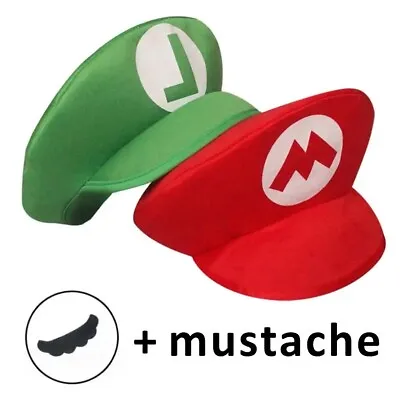 Mario & Luigi Foam Hat Cap And Moustaches Costume Party Cosplay Shows Dress Up • $24.99