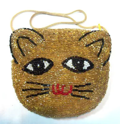 Vintage Beaded Coin Purse Zipper Pouch | Gold Cat Ears Face | 4.5  W X 3.75  H • $12.88