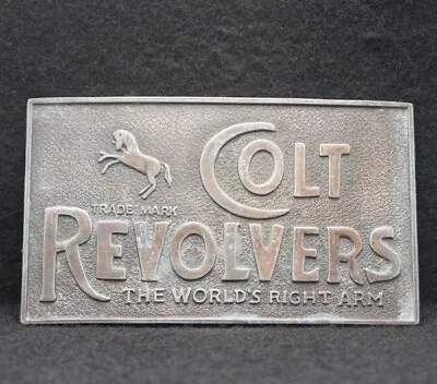 WE03155 VINTAGE 1970s **COLT REVOLVERS** THE WORLD'S RIGHT ARM BRASS BELT BUCKLE • $20