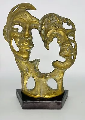 Vintage Abstract Brutalist Brass Colored Sculpture Of Silhouettes On Wooden Base • $36.99