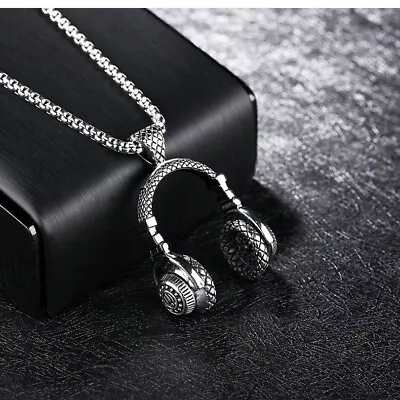  Rock Headphone Pendant Men's Women Chain Silver Black Stainless Steel Necklace • £3.99