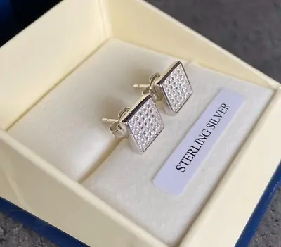 Genuine 925 STERLING SILVER 9mm Square Diamond-Unique Stud Earrings Men's Womens • £19.99