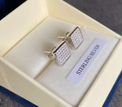 £19.99 • Buy Genuine STERLING SILVER 9mm Square Created Diamond Stud Earrings Men's Women's