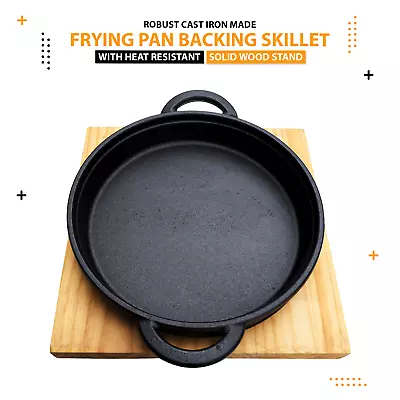 £17.75 • Buy Cast Iron Cookware Frying Pan Grill Backing Pot Skillet With Wood Serving Board