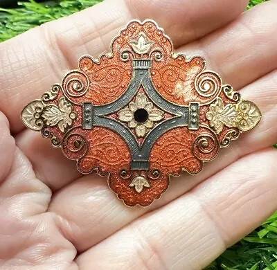 Vintage Signed Fish Gold Tone Enamel Cloisonné  Diamond Shape Flower Brooch Pin • $15.59