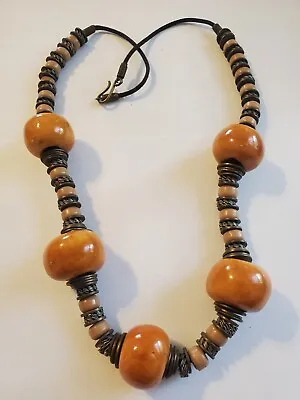 Vintage Moroccan Chunky Ceramic Brown Beads Boho Chic Cord Necklace Heavy 24  • $29.99