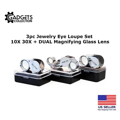3pc Jewelers Jewelry Eye Loupe Set 10X 30X + 10X-20X DUAL Magnifying Glass Lens  • $10.99