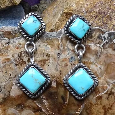 QT Q.T. Southwestern Dangle Stud Earrings 925 Sterling Block Turquoise 1 1/4 In • $55