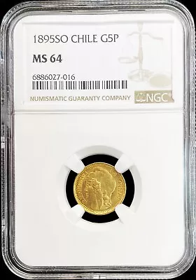 1895 So Gold Chile 5 Pesos Standing Liberty Coin Santiago Mint Ngc Mint State 64 • $525