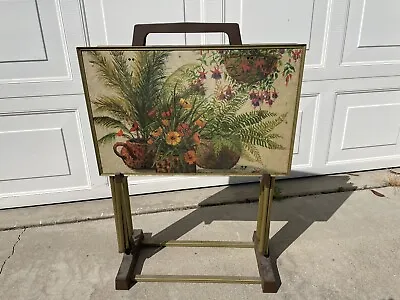 VINTAGE SET OF 4 SIGNED NEL CARY FLORAL TV TRAYS WITH ROLLING STAND 1950-60’s • $165