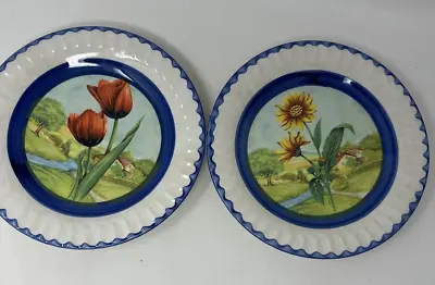 Sunflower Floral Hand Painted Italian Ceramic Salad Plate  Italy Set Of 2 • $30