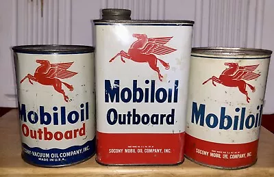 Vintage Socony Mobiloil Outboard Motor Oil Cans 1 US Quart  Pegasus Nice! 3 Cans • $100