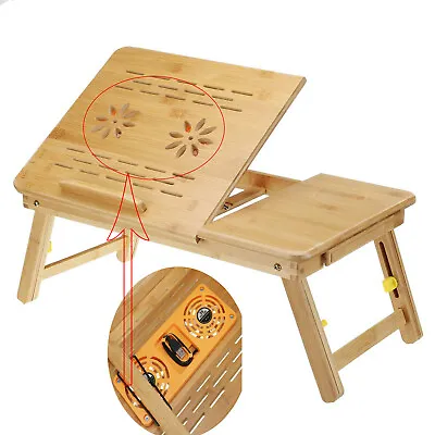 Bamboo Laptop Adjustable Folding Radiating Table 4 Level Tray + Draw & USB Fan • £21.99